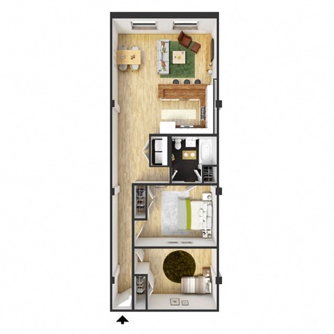 Floor plan for 2 beds, 1 bath, 1039 sqft